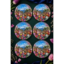 6 Lı Cam Çay Tabağı Renkli Lale Bahçesi Ve Boğaz Manzarası Desenli 12 Cm 6 Adet Çay Tabak Pembe