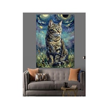 Yıldızlı Gece Altında Sanatsal Kedi Yağlı Boya Dokulu Kanvas Tablo Canvas Tablosu