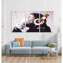 3'lü Set Cam Tablo Kulaklıklı Goril Banksy Pop Art Dekorasyon