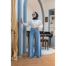 1166-parçalı Denim Bol Paça Pantolon Mavi Mavi