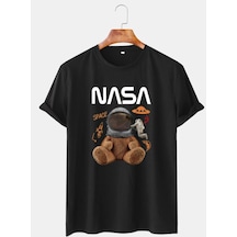 Startmore Unisex Beyaz Nasa Uzaylı Ayıcık Baskılı Bisiklet Yaka Oversize Tişört Siyah
