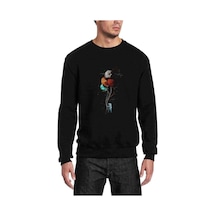 Balonlu Astronot Gezegenler Baskılı Siyah Erkek Sweatshirt