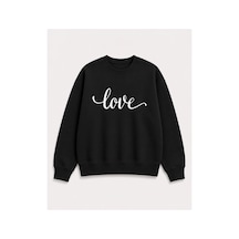 Herkesemoda Love Yazı Baskı Detaylı Şardonlu 2 İplik Bisiklet Yaka Sweatshirt Siyah