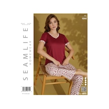 Seamlife Kadın Extra Yumuşak %100 Pamuk V Yaka Milan Kısa Kollu Pijama Takımı Kırmızı