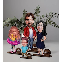 Bk Gift Kişiye Özel 4 Lü Aile Karikatürlü Ahşap Biblo Seti Model-2