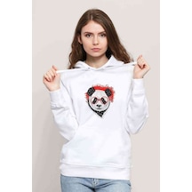Gözlüklü Panda Baskılı Beyaz Kadın Kapşonlu Sweatshirt