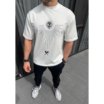 Barlashive Erkek Kısa Kol Tişört Bisiklet Yaka Gül Baskılı Oversize T-shirt - Beyaz Çok Renkli