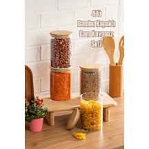 Porsima 2-4 Bambu Borosilikat Vakumlu Kapaklı Yuvarlak Cam 4lü Kavanoz Seti Saklama Kabı 1300ml 10x20cm