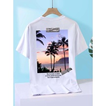 Unisex Örme Oversize Holiday Basklı Beyaz T-shirt. Beyaz