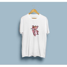Oversize Pembe Panter Tasarım T-shirt Beyaz