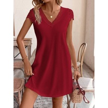 Kadın Kısa Kollu V Yakalı Viskon Elbise Bordo