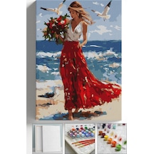 Sayılarla Boyama Seti Numaralı Tuval Fırça Boya Askı Aparatı Dahil Set 40x50 Cm - Sahilde Çiçekli Kız