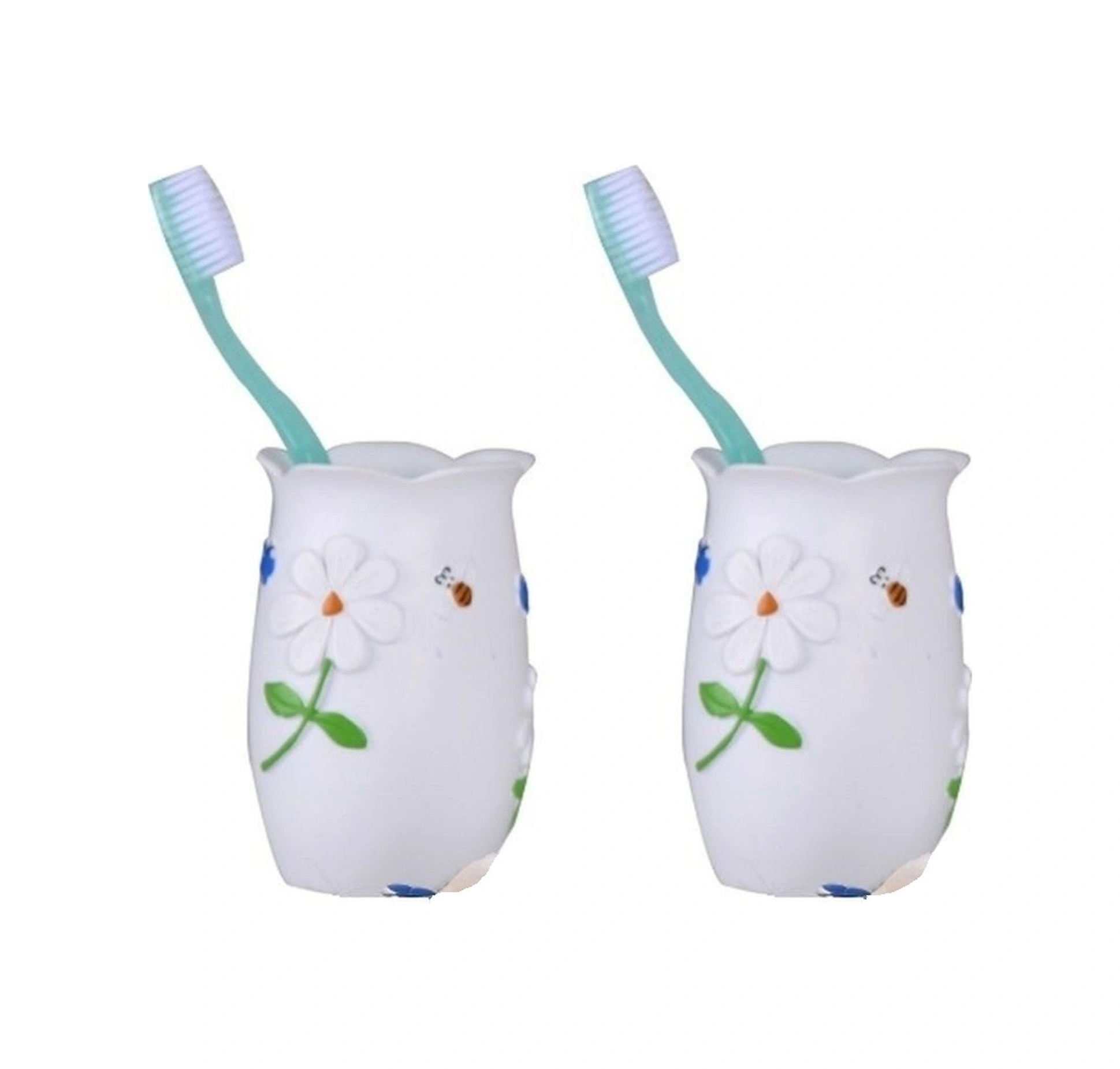 2 Adet Diş Fırçalık,macunluk Çiçekli Poliresin 7x7x10cm Banyo Seti Çok Renkli