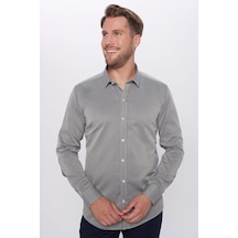 Tudors Erkek Modern Fit Dar Kesim Pamuklu Kolay Ütü Armürlü Gri Gömlek-32096 Gri