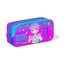 Coral High Kids Mor Pembe Mavi Simli K-pop Desenli İki Bölmeli Kalem Çantası 12064