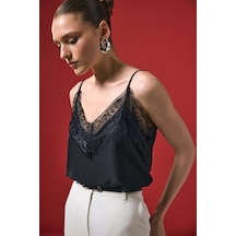 Sateen Dantel Detaylı Askılı Bluz Siyah Lacivert
