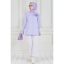Sevitli Gül Broşlu Kolu Fırfırlı Tunik-lila-3604-lila Lila