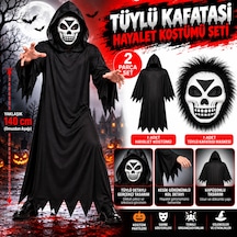 Tüylü Eva Kafatası Maskeli Siyah Hayalet Kostümü 140 Cm Çok Renkli