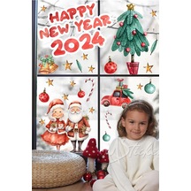 MSticker Hoşgeldin 2024, Happy New Year 2024 Yeni Yıl Kış Konseptli Sevimli Noel Baba Ve Ağaçlar Figürler