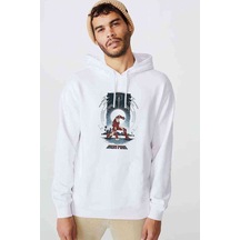 Iron Man Baskılı Beyaz Erkek Örme Kapşonlu Sweatshirt