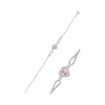Gümüş Rodyumlu Pembe Zirkon Taşlı Pırlanta Modeli Kalp Bileklik
