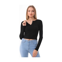 Kadın Crop Pamuklu Patlı T-shirt-siyah-siyah Siyah