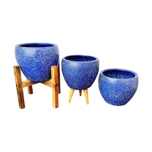 Bitki Tasarımı Ev Dekorasyon Lacivert Granit Toprak Saksı Saksılık Salon Çiçeklik Üçlü Set - 15 CM