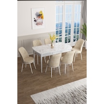 Canisa Concept Han Serisi 70x114 Açılabilir Mdf Mutfak Masası Takımı Beyaz Mermer Desen Masa 6 Krem Sandalye Masa Beyaz Mermer Sandalyeler Krem