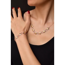 Papatya Silver 925 Ayar Gümüş Rose Kaplama Halka Mineli Papatya Kolye ve Bileklik Set