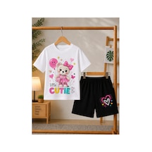 Ss Sinser Cuite Ayıcık Baskılı Beyaz T-shirt - Siyah Şort Yazlık Alt-üst Alt - Üst Çocuk Takım Renk:siyah
