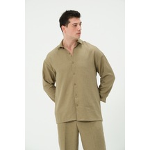 Erkek Oversize Keten Uzun Kol Dört Gömlek Haki