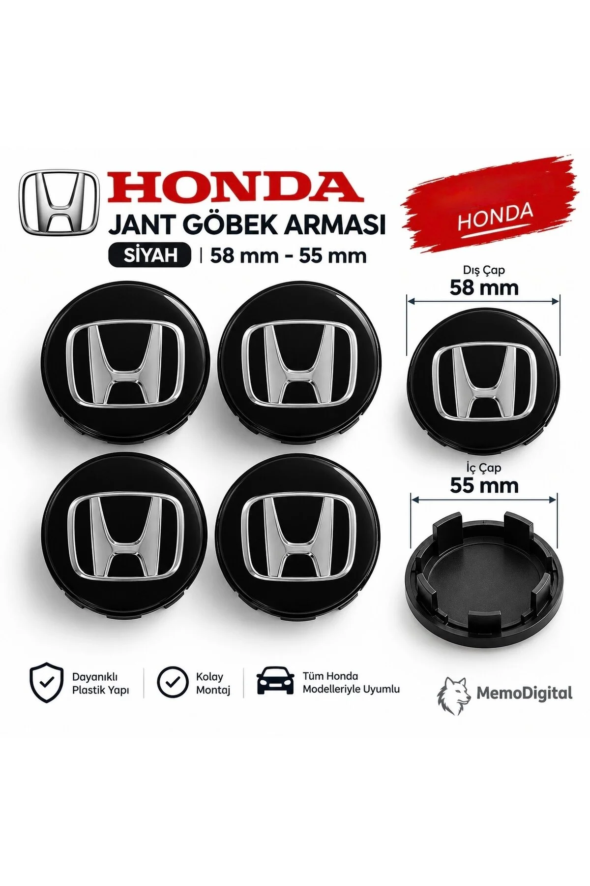 Universal Honda Jant Göbeği Dış Siyah Çap 58 Mm İç Çap 55 Mm