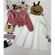 Lovie Moda Kadın Yaka İşlemeli Etekli Takım Pudra