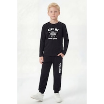 Panios Kids Yuvarlak Yaka Sweatshirt Paça Lastikli Eşofman Alt Baskılı Uzun Kollu Erkek Çocuk Alt Üst Takım Siyah