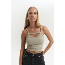 3396 - Noam Soft Haki Ön Detay Fitilli Crop Haki