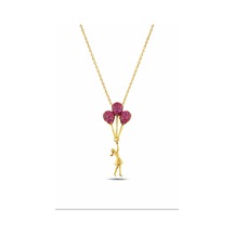Çekirdekjewelry 925 Ayar Gümüş Gold Kaplama Kız Figürlü Kalp Balonlu Kolye Pembe Taşlı Zarif Tasarım Sarı