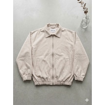 Mero Life Erkek Basic Old Money Fermuarlı Oversize Mevsimlik Polo Yaka Gabardin Kumaş Krem Ceket