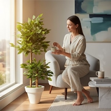 Yapay Çiçek Beyaz Saksıda Benjamin Salon Balkon Ev Ağacı Yeşil Bitkisi Bambu Gövdeli Dolgun Yeşil