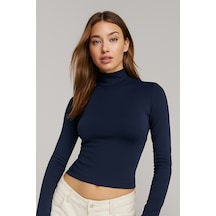 Rich Kadın Lacivert Yarım Balıkçı Yaka Uzun Kollu Crop Bluz Lacivert