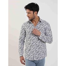 Dufy Lacivert Erkek Slim Fit Yaprak Desenli Brent Yaka Uzun Kol Gömlek - 81584-lacivert Lacivert