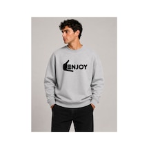 Herkesemoda Enjoy Baskılı Bisiklet Yaka Şardonlu 2 İplik Sweatshirt Gri