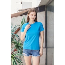 Jument Kadın Sıfır Yaka Kırışmaz Span Karışımlı Şık Kısa Kol Likralı T-shirt Bluz-mavi Mavi