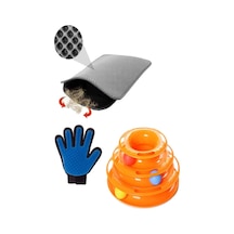 Tower Of Tracks Kedi Oyuncağı + Kedi Tüy Toplama Eldiveni+elekli Kedi Tuvalet Paspası Gri 3 Lü