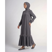 Nevayla Moda Tüy Detaylı Zarif Elbise / Gri - E0133