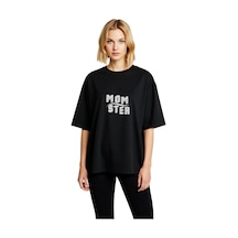 Paybuy Kadın Oversize Kısa Kollu Tişört Retro Tipografi Baskılı Momster Siyah
