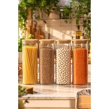 Porsima 7-4 Bambu Vakumlu Kapaklı Kare Borsilikat Cam 4lü Kavanoz Seti Saklama Kabı 1900ml 9,5x27cm