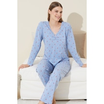Siyah İnci Pamuklu Örme Pijama Takım 24240117 mavi