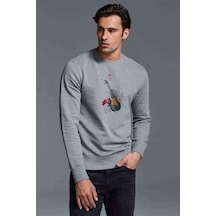 Gitar Müzik Rock Art Baskılı Gri Erkek Örme Sweatshirt