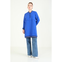 Giyim Dünyası Kadın Yaka Ribanalı Yarım Fermuarlı Tunik Saks Mavi 001