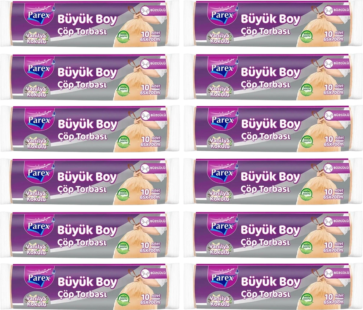 Büzgülü 10'lu Çöp Torbası Vanilya Kokulu Büyük Boy 65 X 70 Cm Onikili Paket